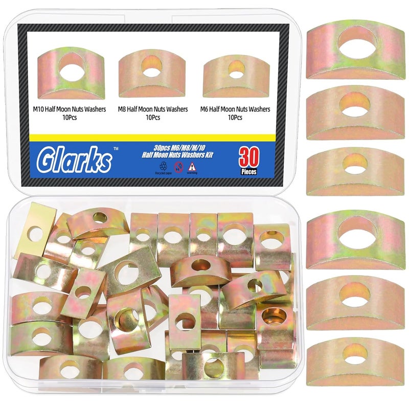 Glarks 30pcs M6/M8/M10 Solid Half Moon Nuts Washers Kit, Half Moon Lock Washer, Heavy Duty Half Moon Spacer Connector for Furniture Connecting, Hardware Accessories, Wooden Working - Image 1